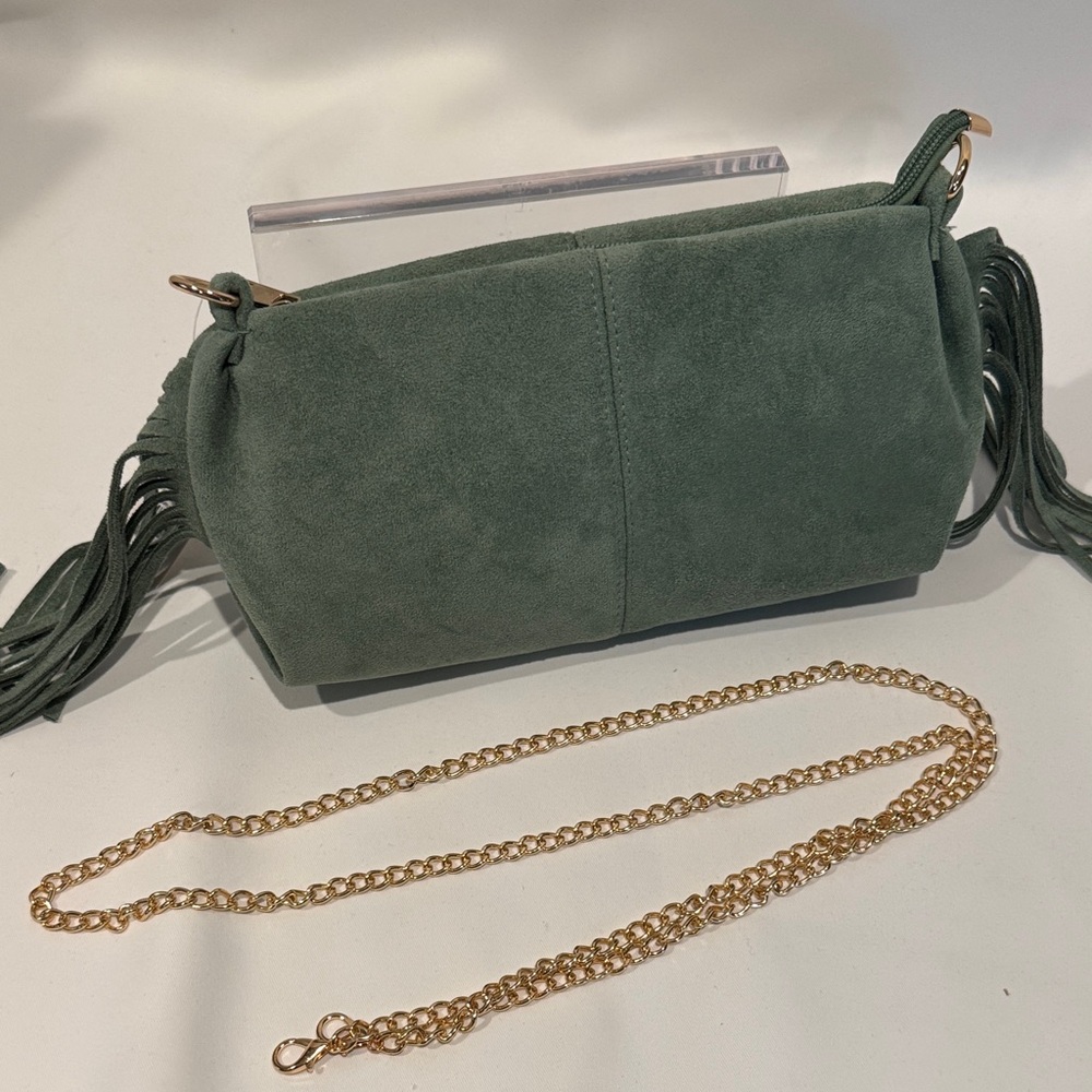 Faux Suede Fringe Crossbody Bag in Sage Green - Picture 9 of 15